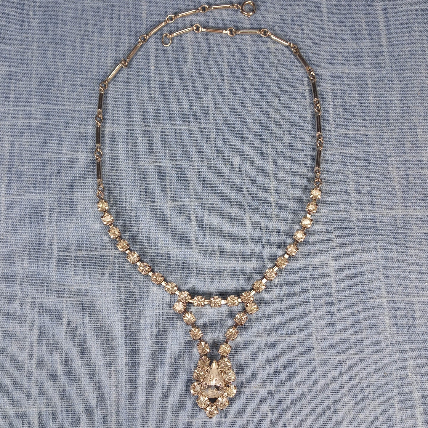 1980s Vintage Necklace with Clear Rhinestones with a Drop Pendant