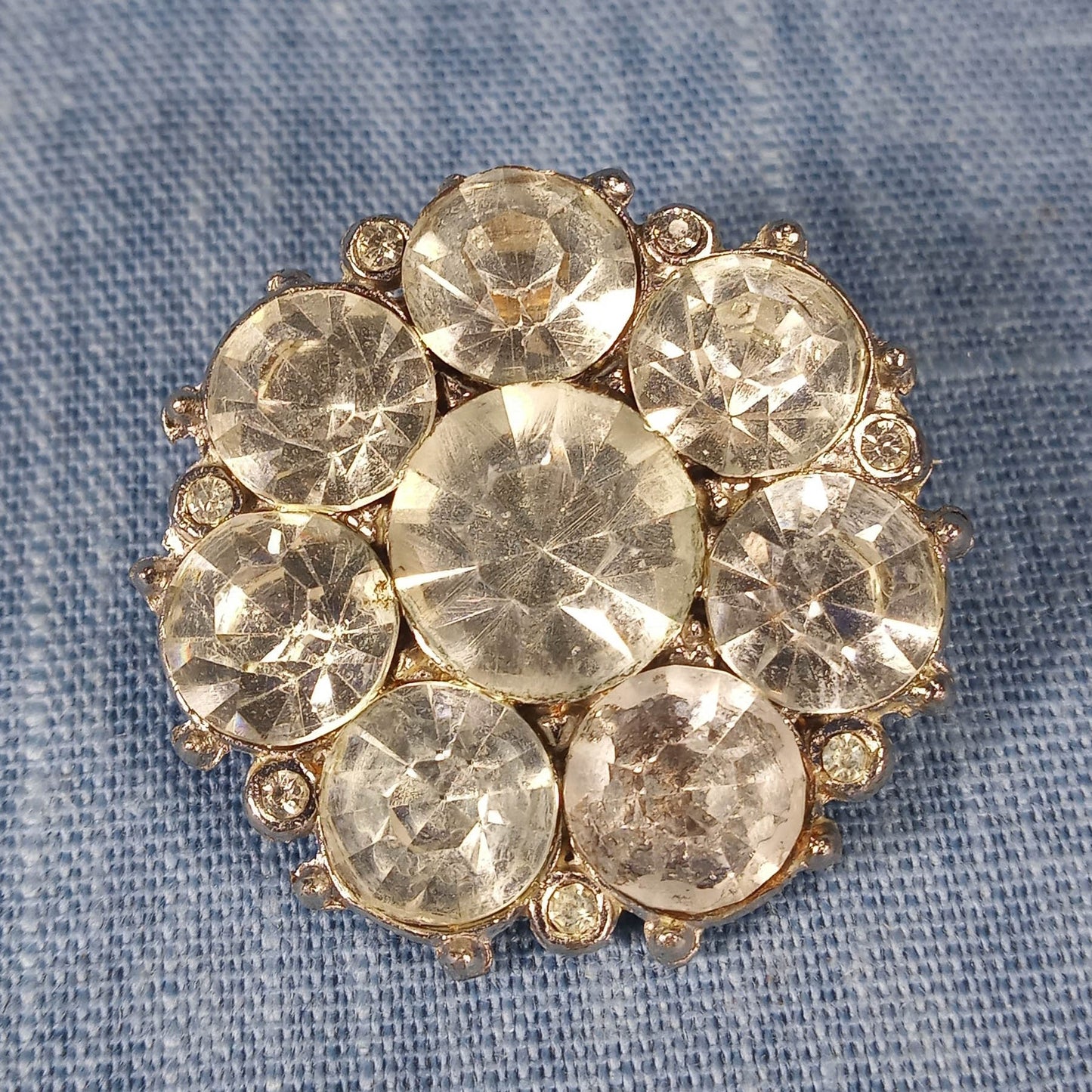 1930s Pot Metal Pin: Clear Rhinestones in a Round Starburst Pattern