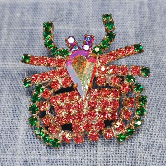 1950s Vintage Crab Pin with Red and Green Rhinestones