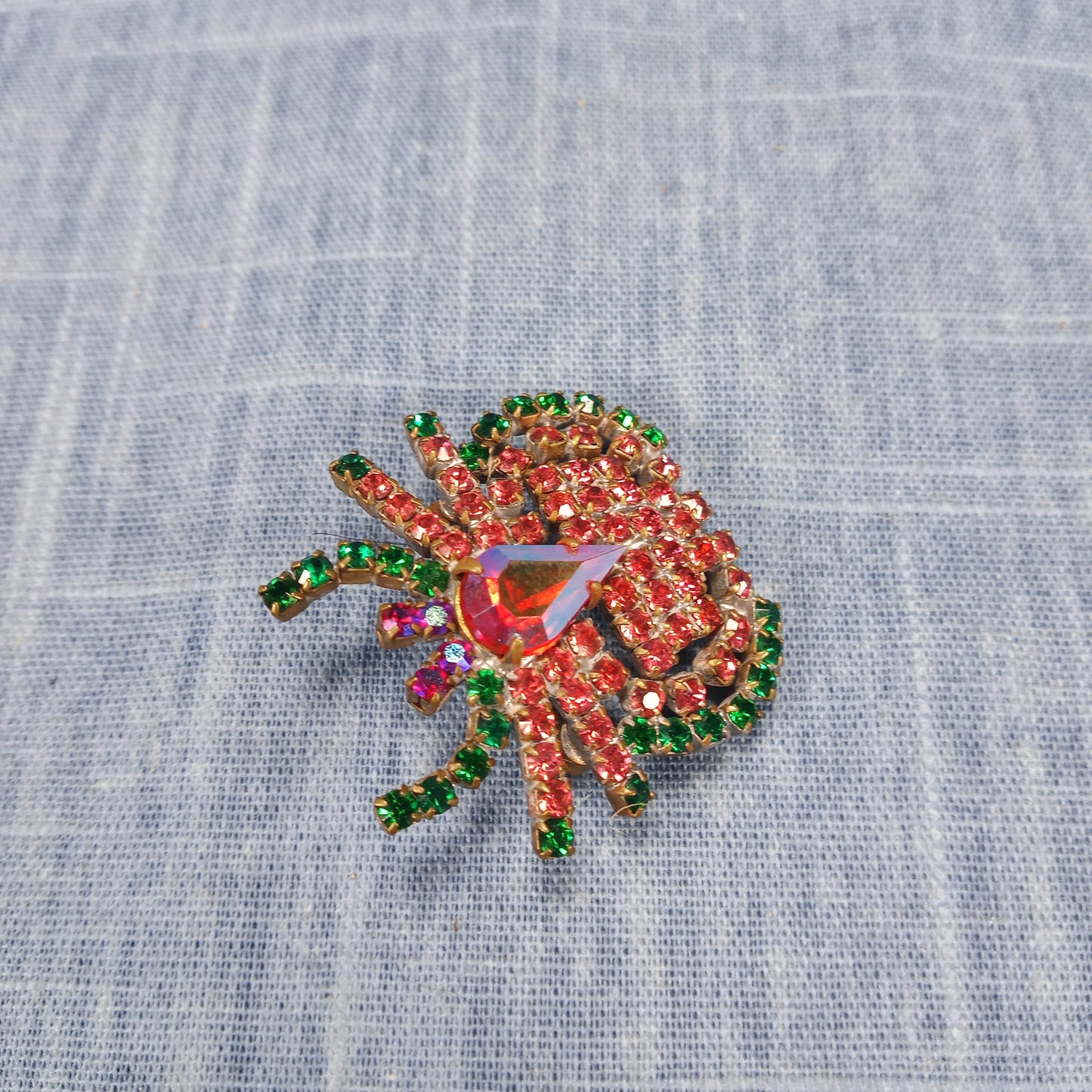 1950s Vintage Crab Pin with Red and Green Rhinestones