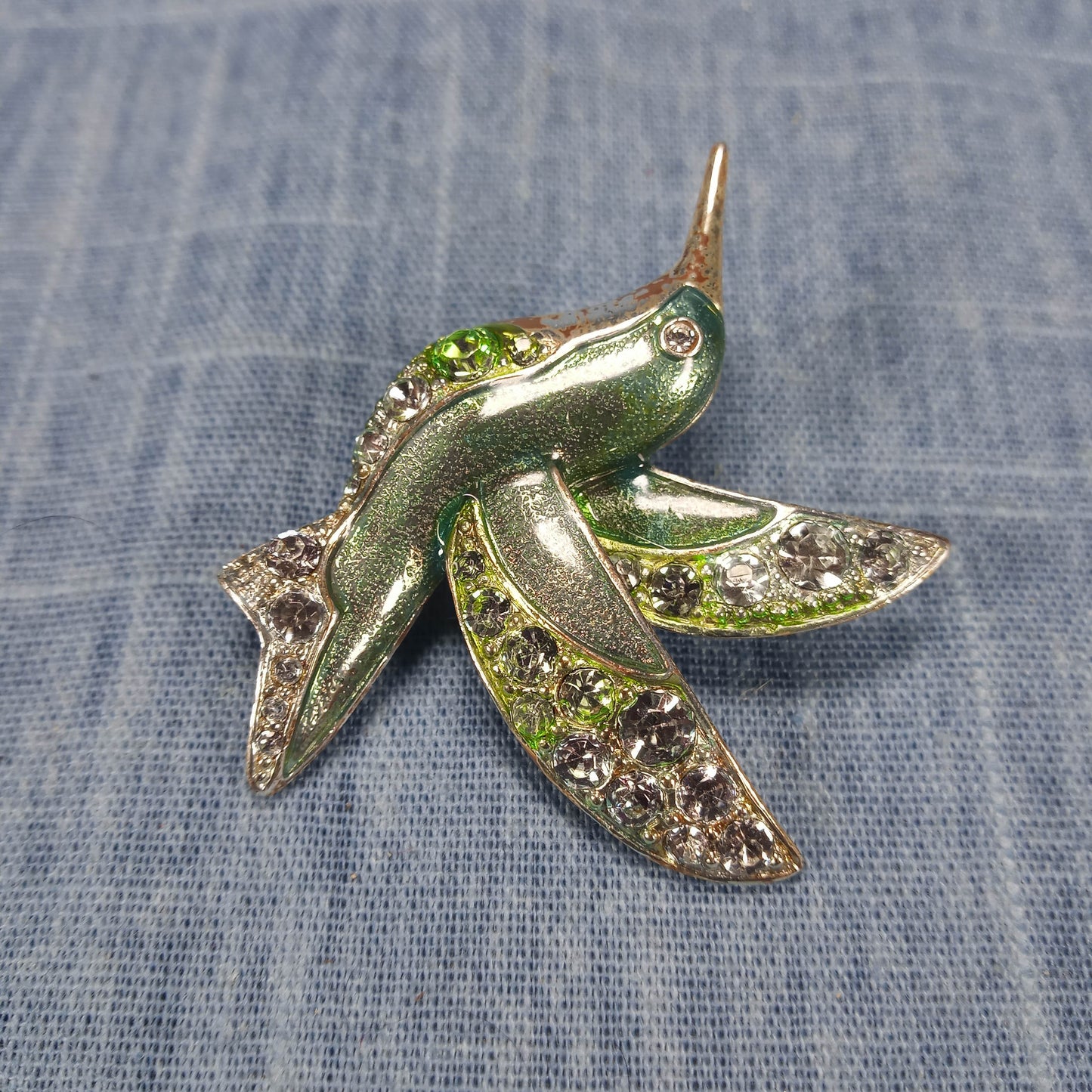 1950s Vintage Humming Bird Pin with Clear Rhinestones and Green Enamel