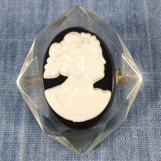 1950s Vintage Cameo Pin: White Profile with Black Background on Clear Lucite