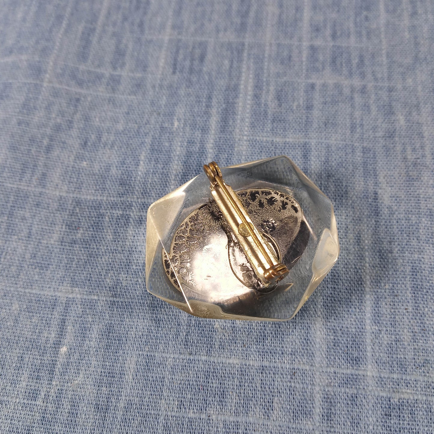 1950s Vintage Cameo Pin: White Profile with Black Background on Clear Lucite