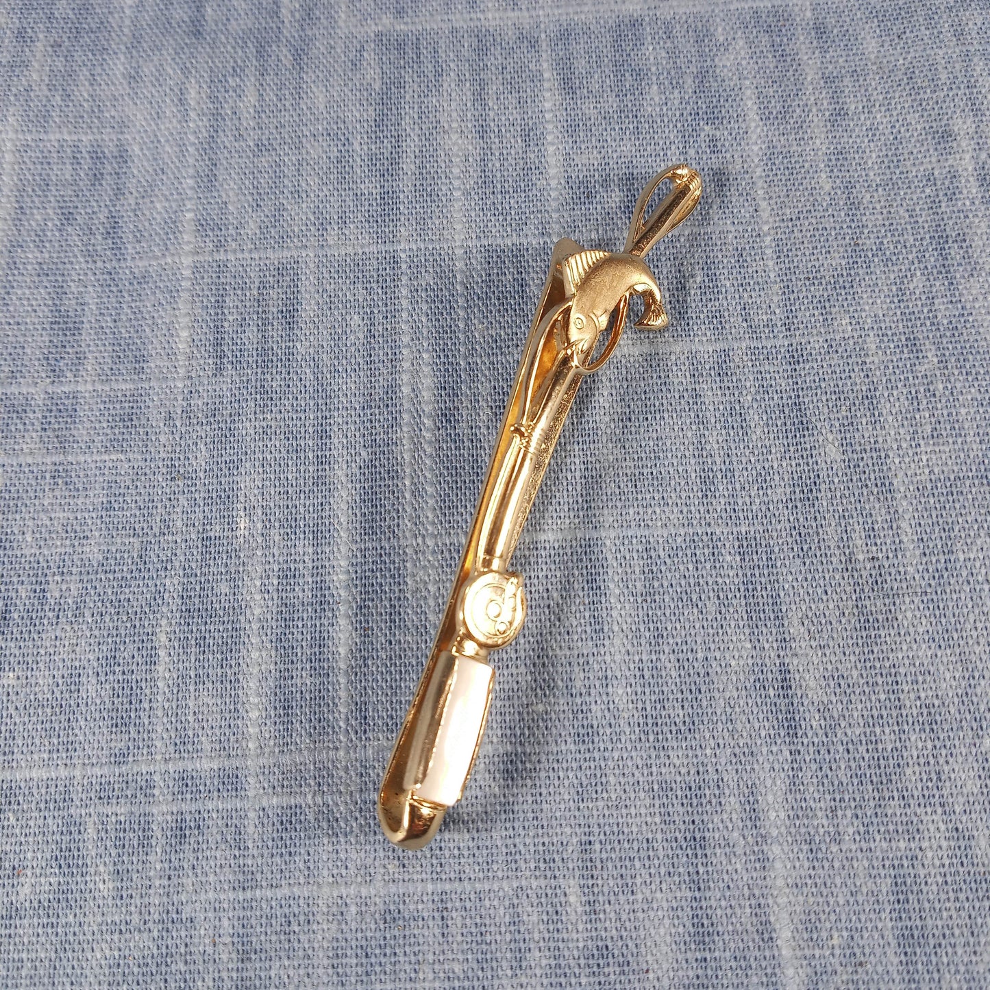 1980s Vintage Tie Clip w Mother of Pearl on a Fishing Rod Catching Fish by Anson
