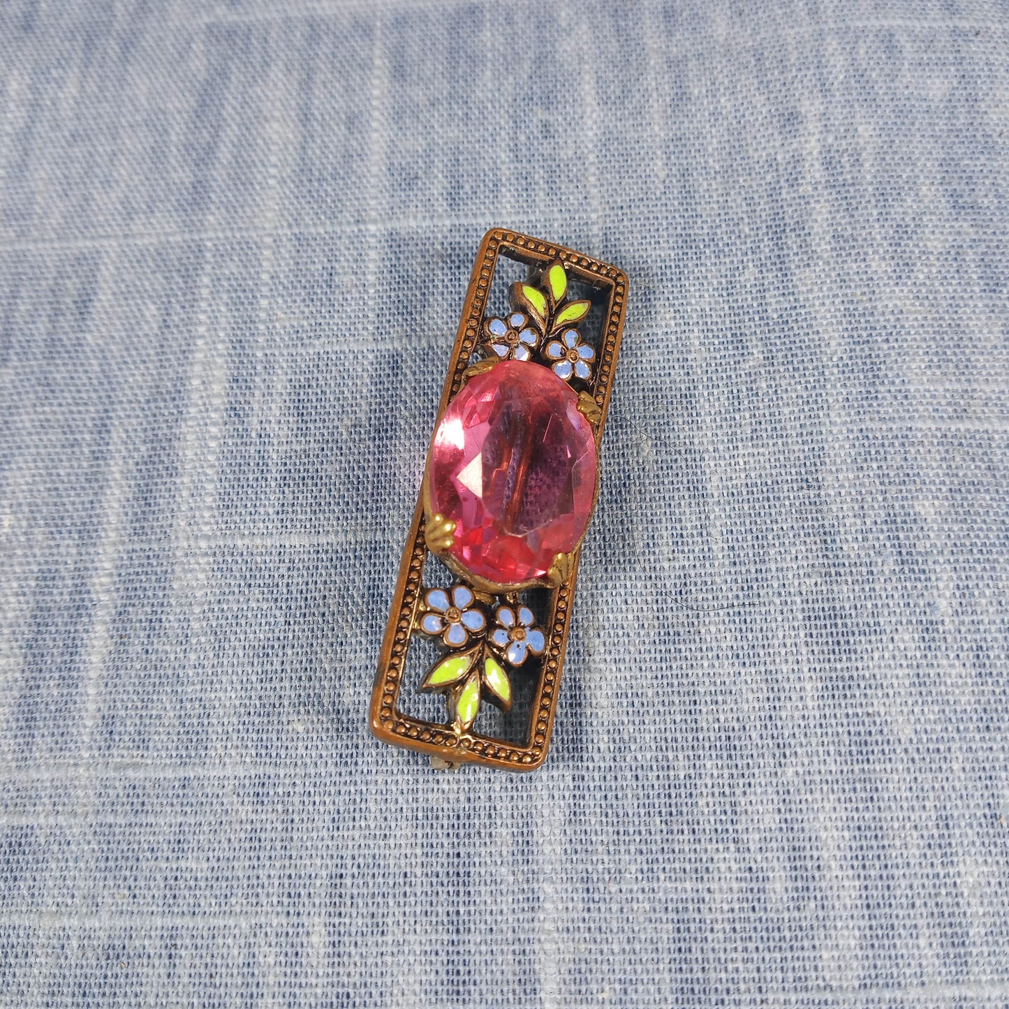 1930s Vintage Bar Pin with Pink Center Glass with Purple and Yellow Enamel Flowers
