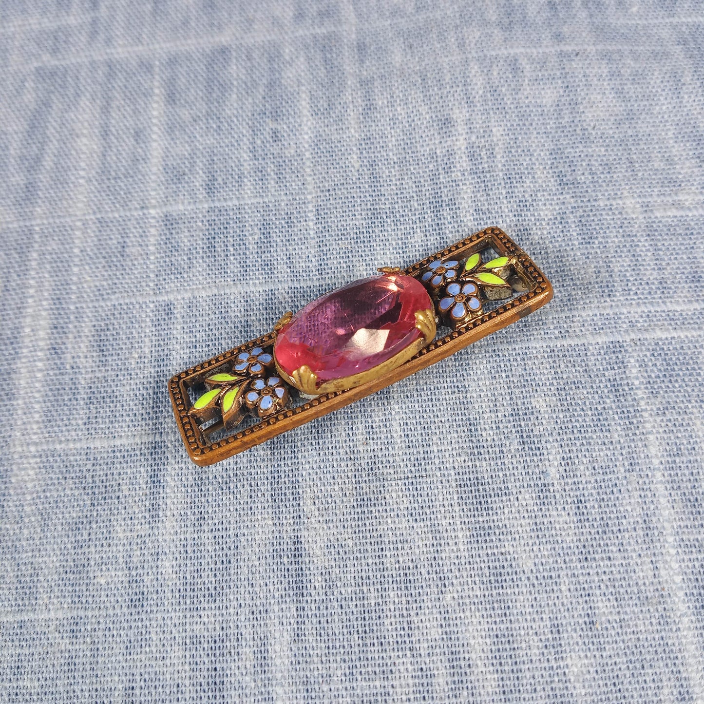 1930s Vintage Bar Pin with Pink Center Glass with Purple and Yellow Enamel Flowers