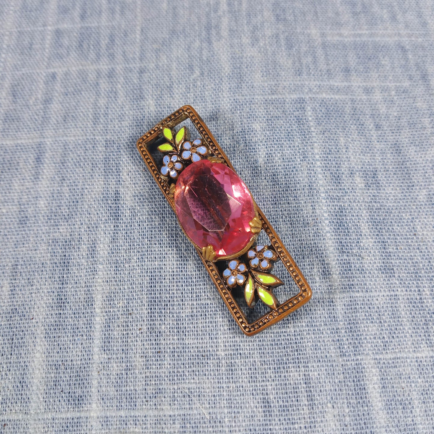 1930s Vintage Bar Pin with Pink Center Glass with Purple and Yellow Enamel Flowers