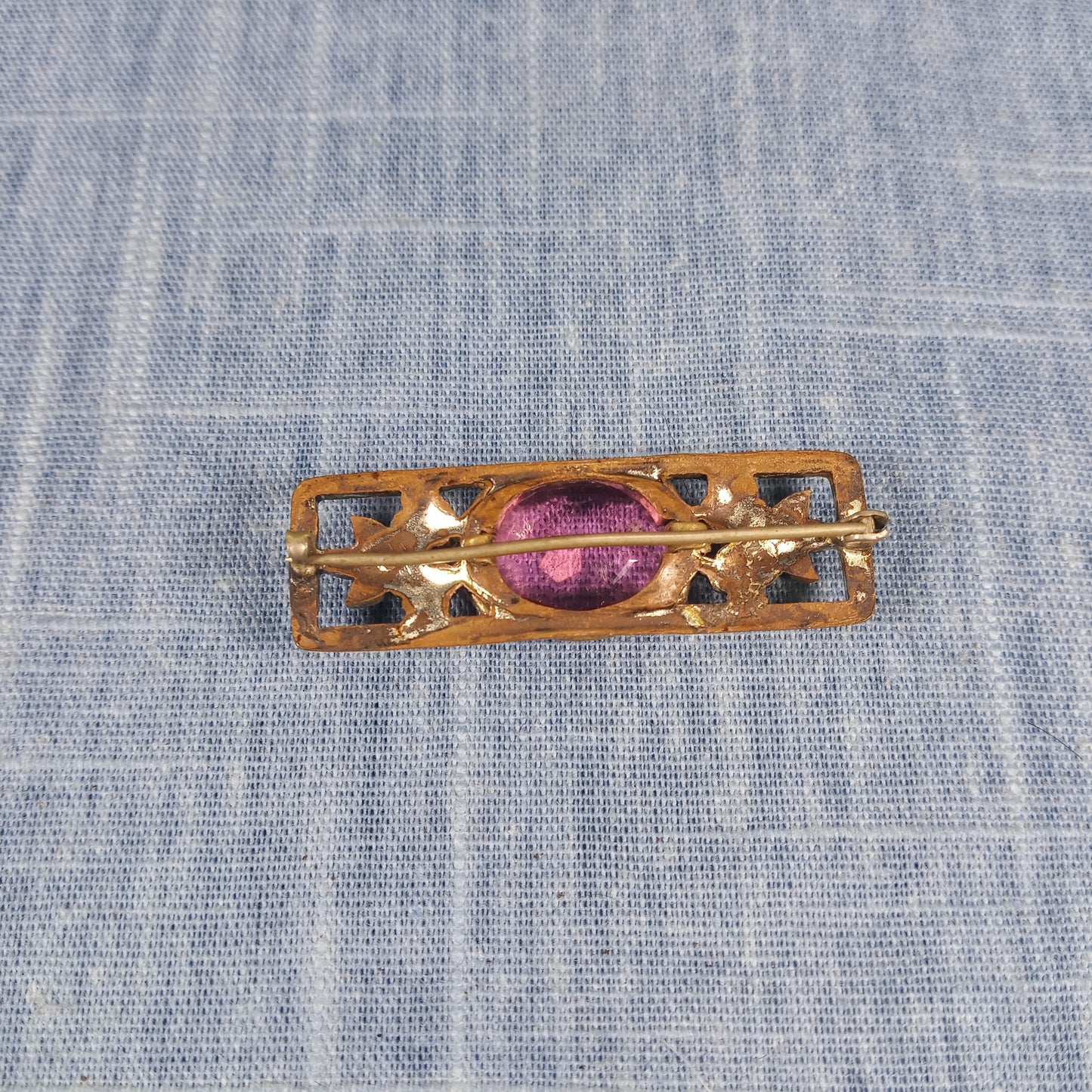 1930s Vintage Bar Pin with Pink Center Glass with Purple and Yellow Enamel Flowers
