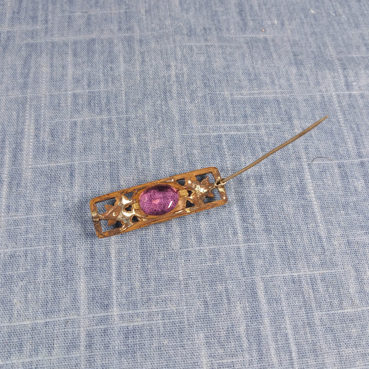 1930s Vintage Bar Pin with Pink Center Glass with Purple and Yellow Enamel Flowers