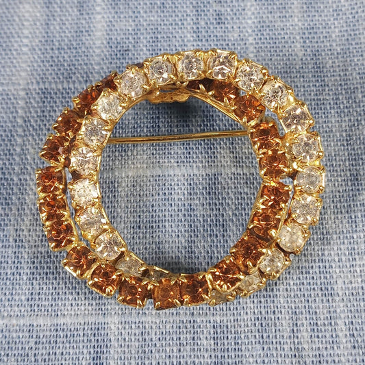 1960s Vintage Pin with Double Circle Brown and Clear Rhinestones