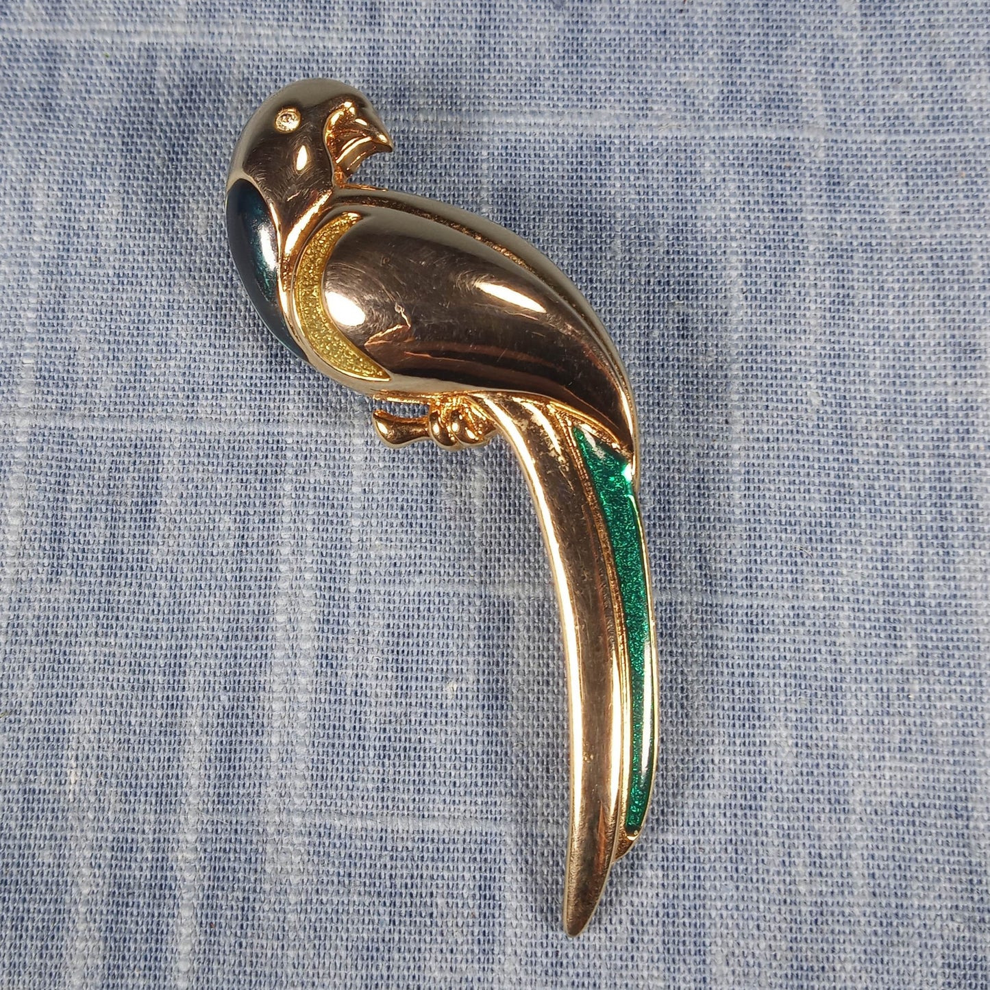 1960s Vintage Parrot Pin with Gold Tone and Green Tail