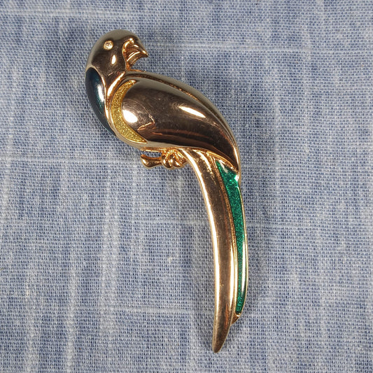 1960s Vintage Parrot Pin with Gold Tone and Green Tail