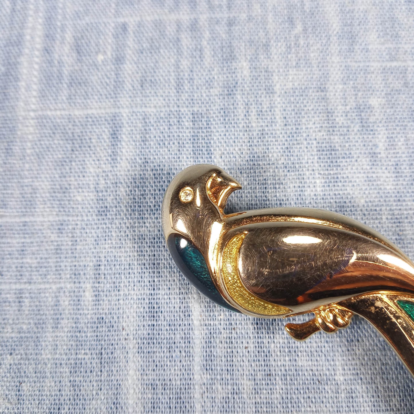 1960s Vintage Parrot Pin with Gold Tone and Green Tail