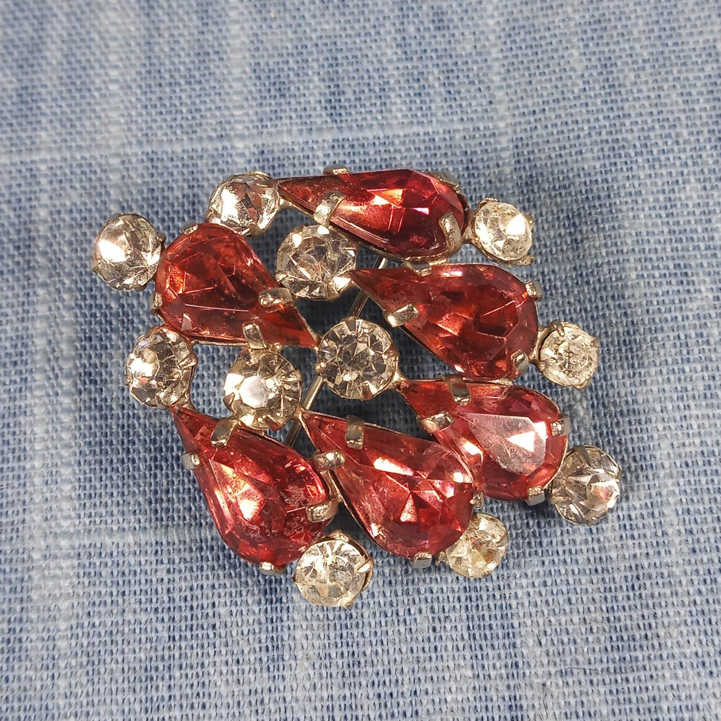 1950s Vintage Pin with Red and Clear Tear Drop Rhinestones from Czechoslovakia