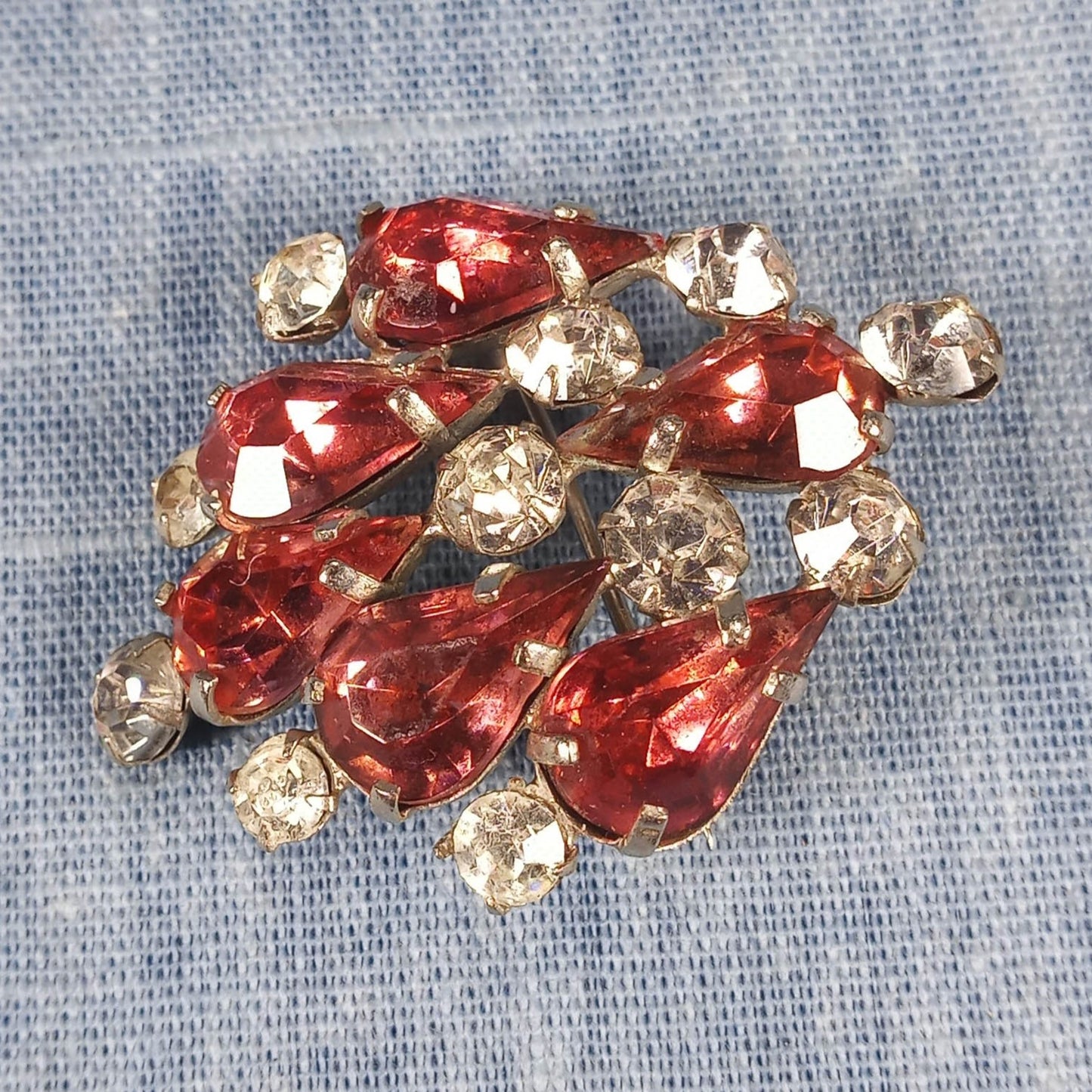 1950s Vintage Pin with Red and Clear Tear Drop Rhinestones from Czechoslovakia