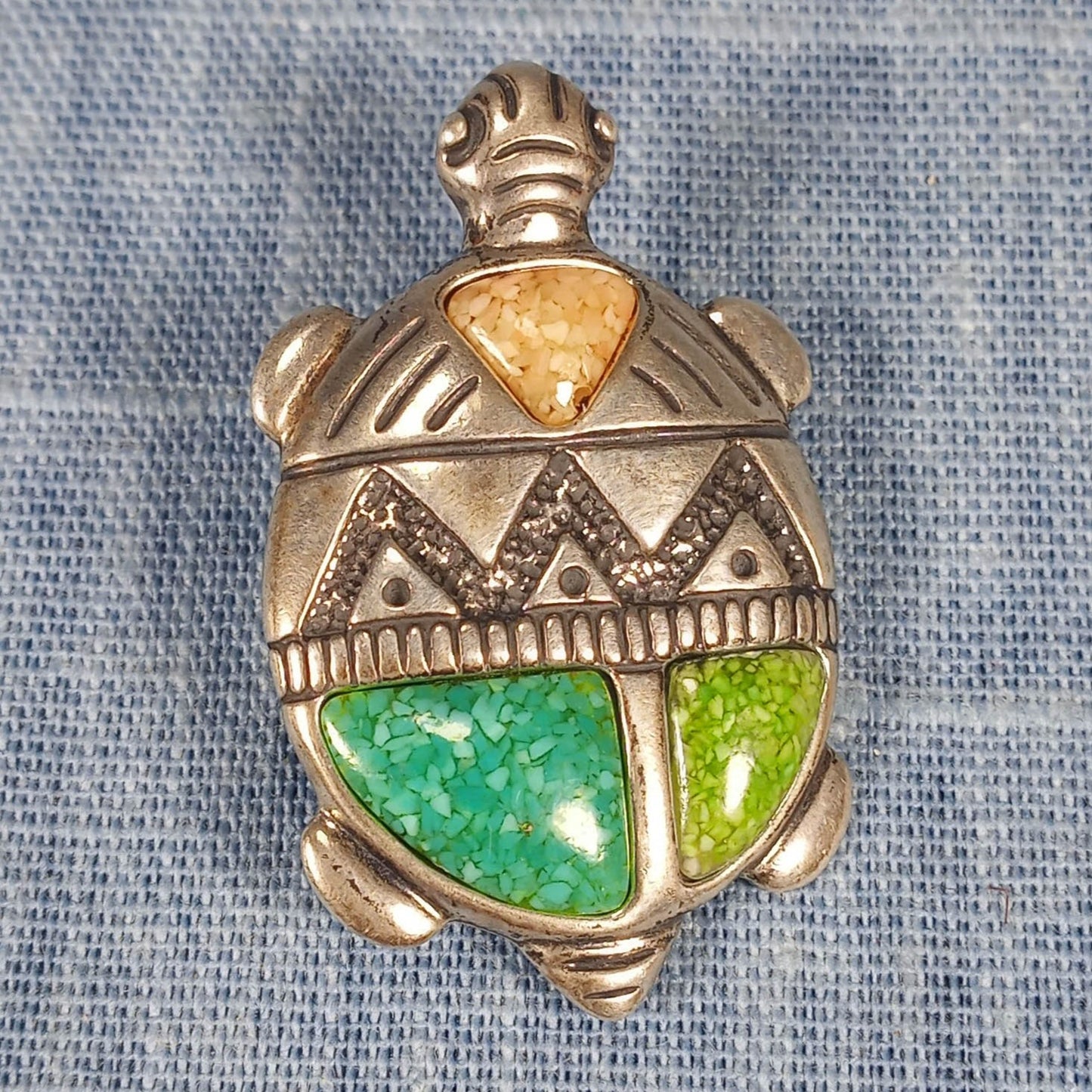 1980s Sterling Silver Turtle Pin and Pendant with Blue, Green and Tan Inlays
