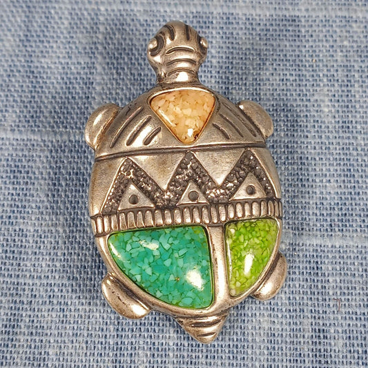 1980s Sterling Silver Turtle Pin and Pendant with Blue, Green and Tan Inlays