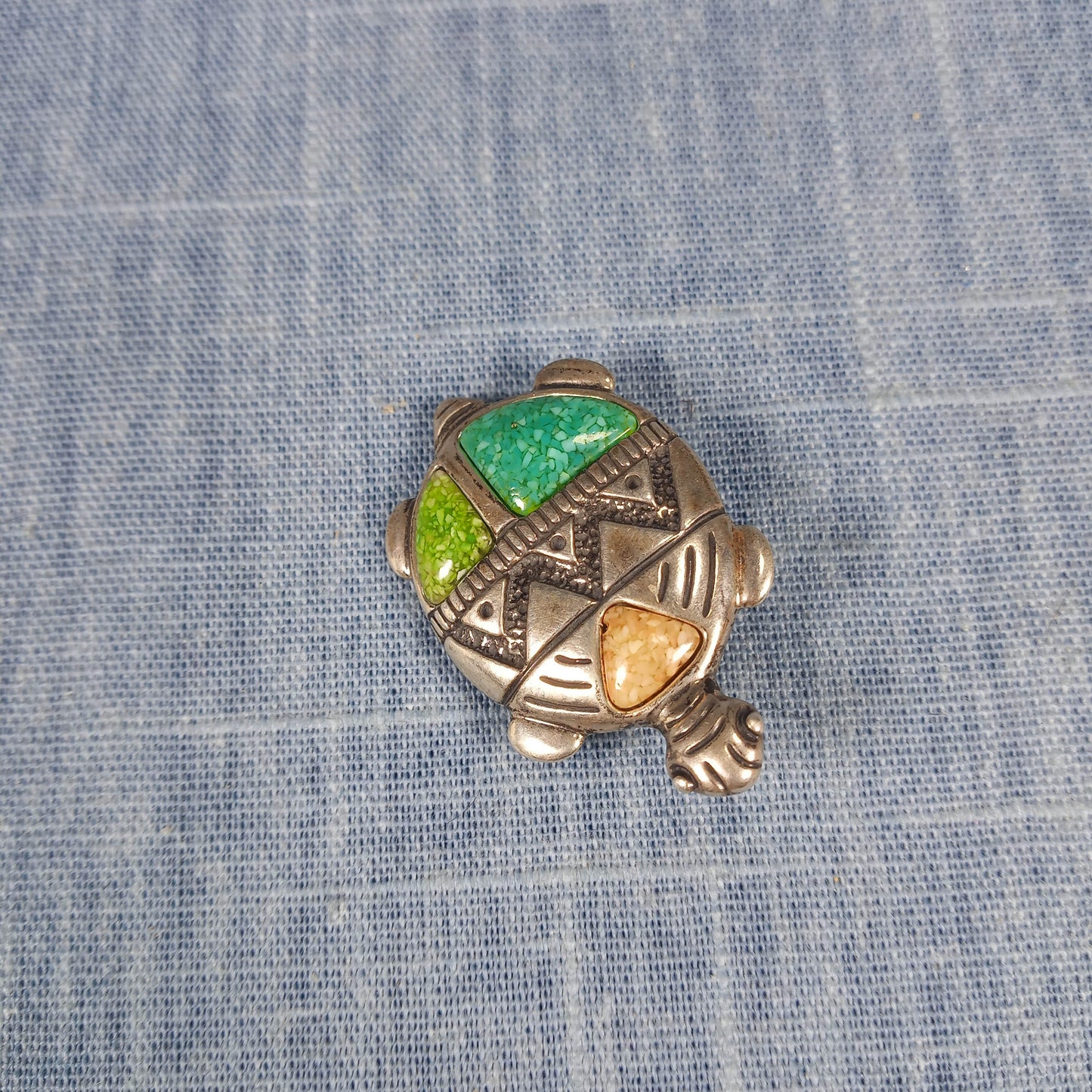 1980s Sterling Silver Turtle Pin and Pendant with Blue, Green and Tan Inlays