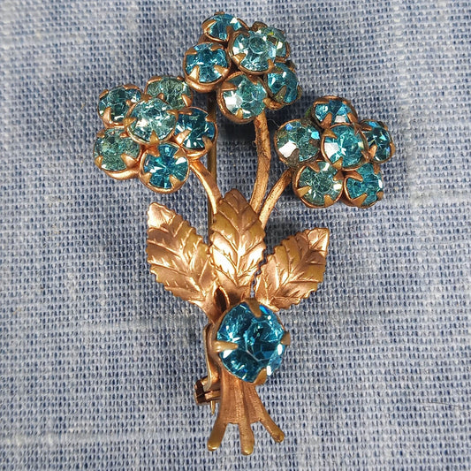 1940s Vintage Pin with Aqua Blue Rhinestones in a Budding Flower Pattern