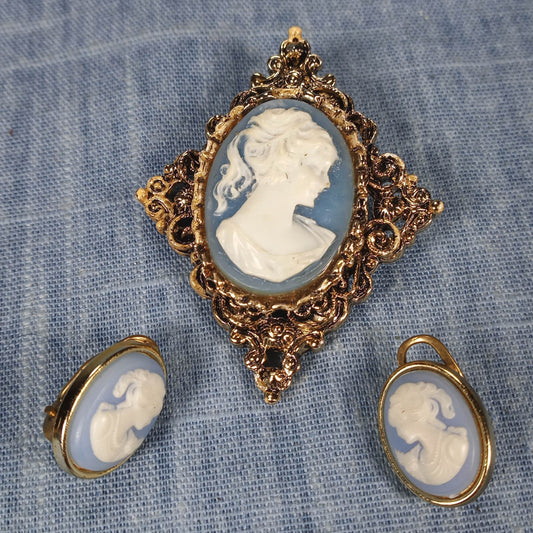 1960s Vintage Cameo Matching Brooch and Earrings: White on Blue in a Gold Tone Frame