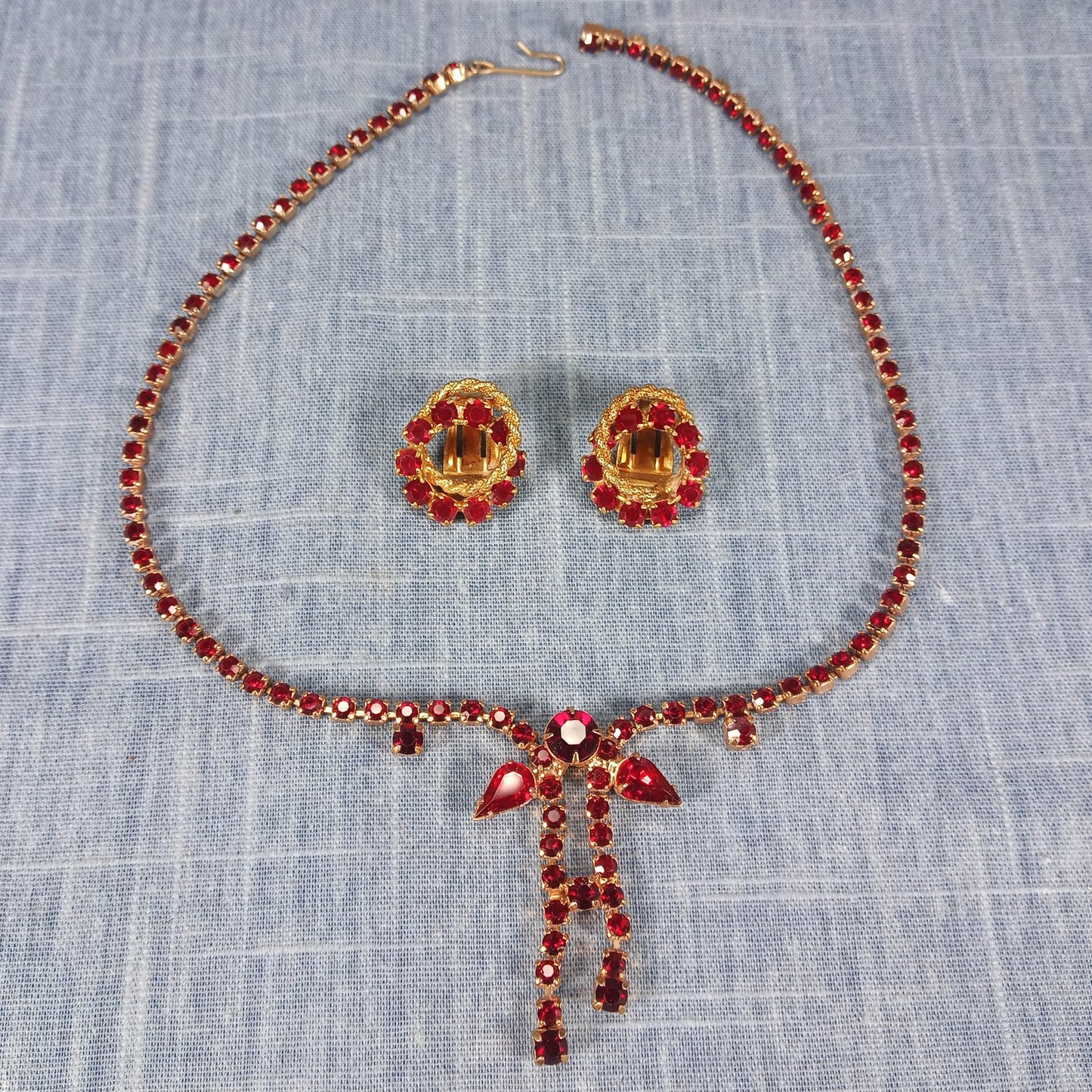 1960s Vintage Jewelry Set: Matching Clip Earrings and Drop Necklace with Red Rhinestones