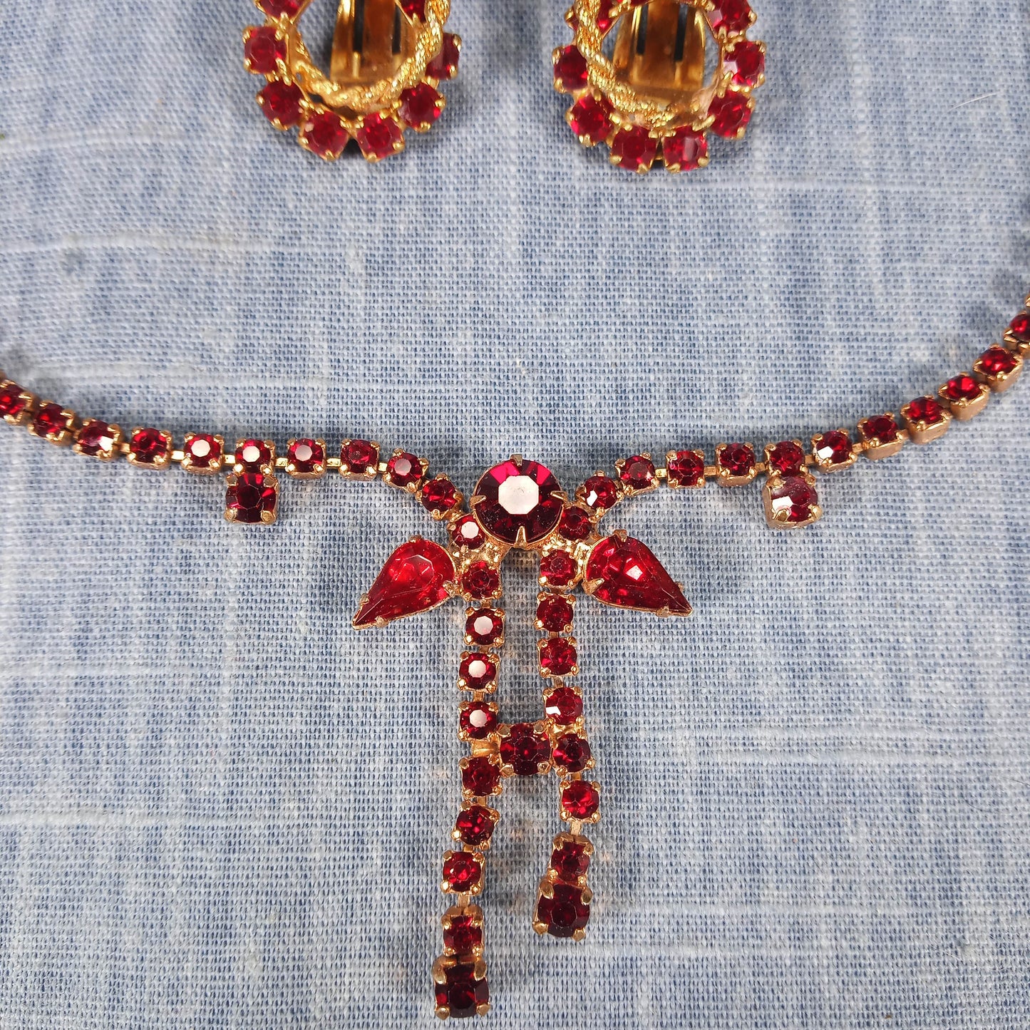 1960s Vintage Jewelry Set: Matching Clip Earrings and Drop Necklace with Red Rhinestones
