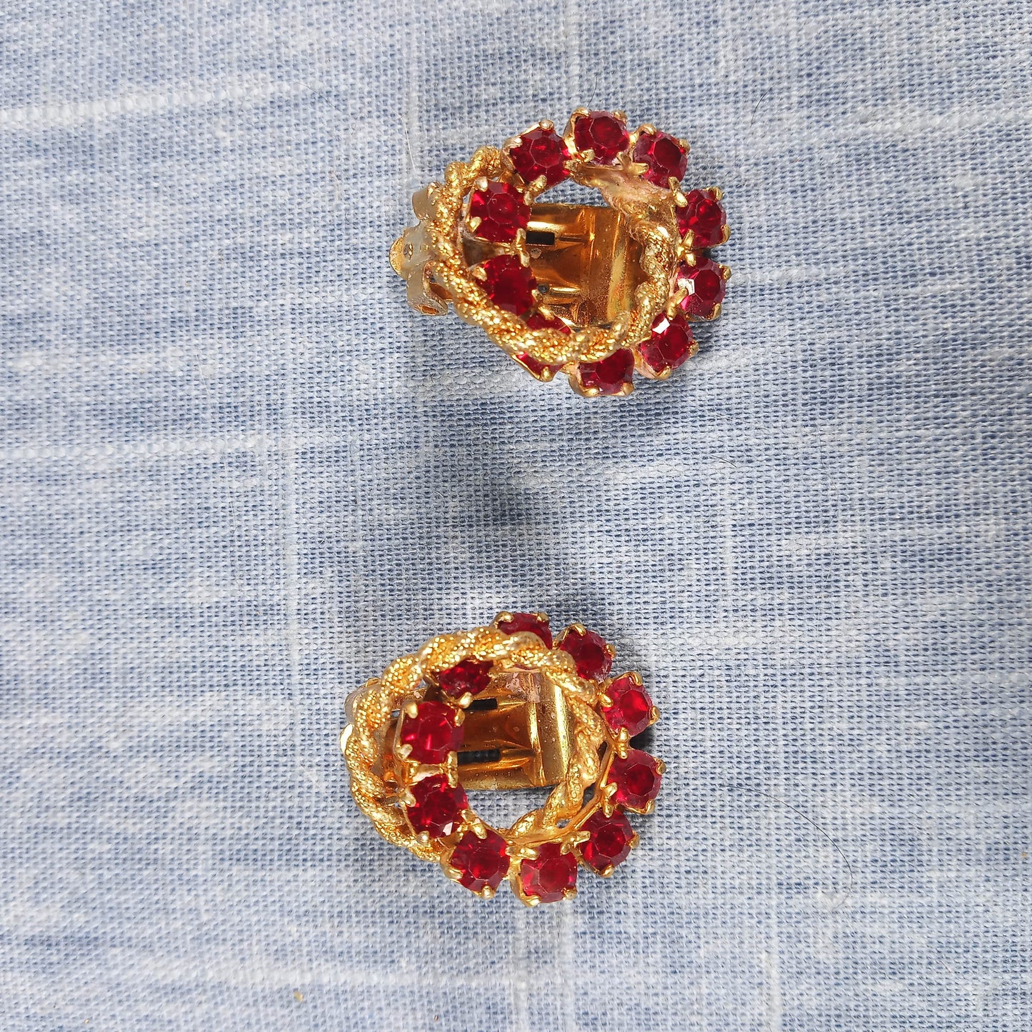 1960s Vintage Jewelry Set: Matching Clip Earrings and Drop Necklace with Red Rhinestones