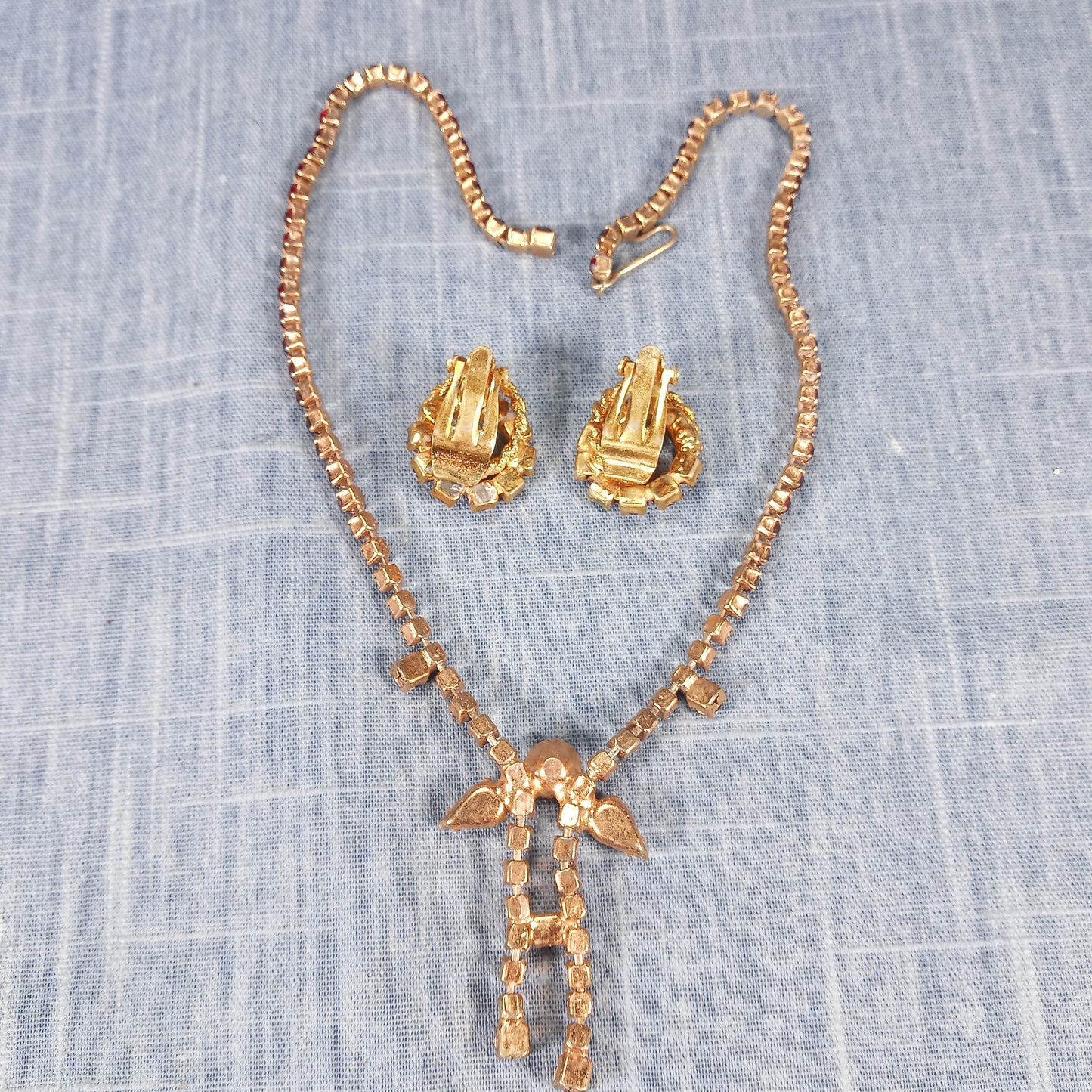 1960s Vintage Jewelry Set: Matching Clip Earrings and Drop Necklace with Red Rhinestones
