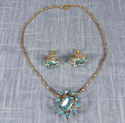 1960s Vintage Jewelry Set: Pendant Necklace and Clip Earrings with Light Blue Rhinestones by Coro