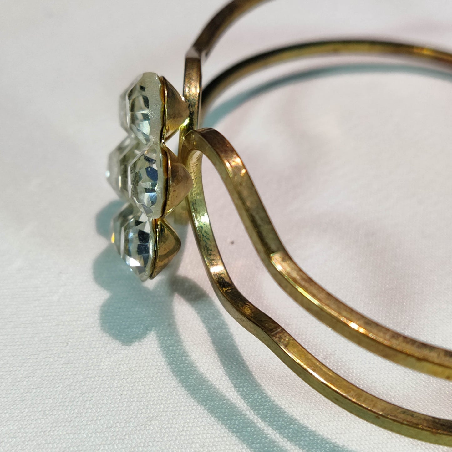 1960's Gold Metal Clamper Flower Bracelet with Clear Rhinestones