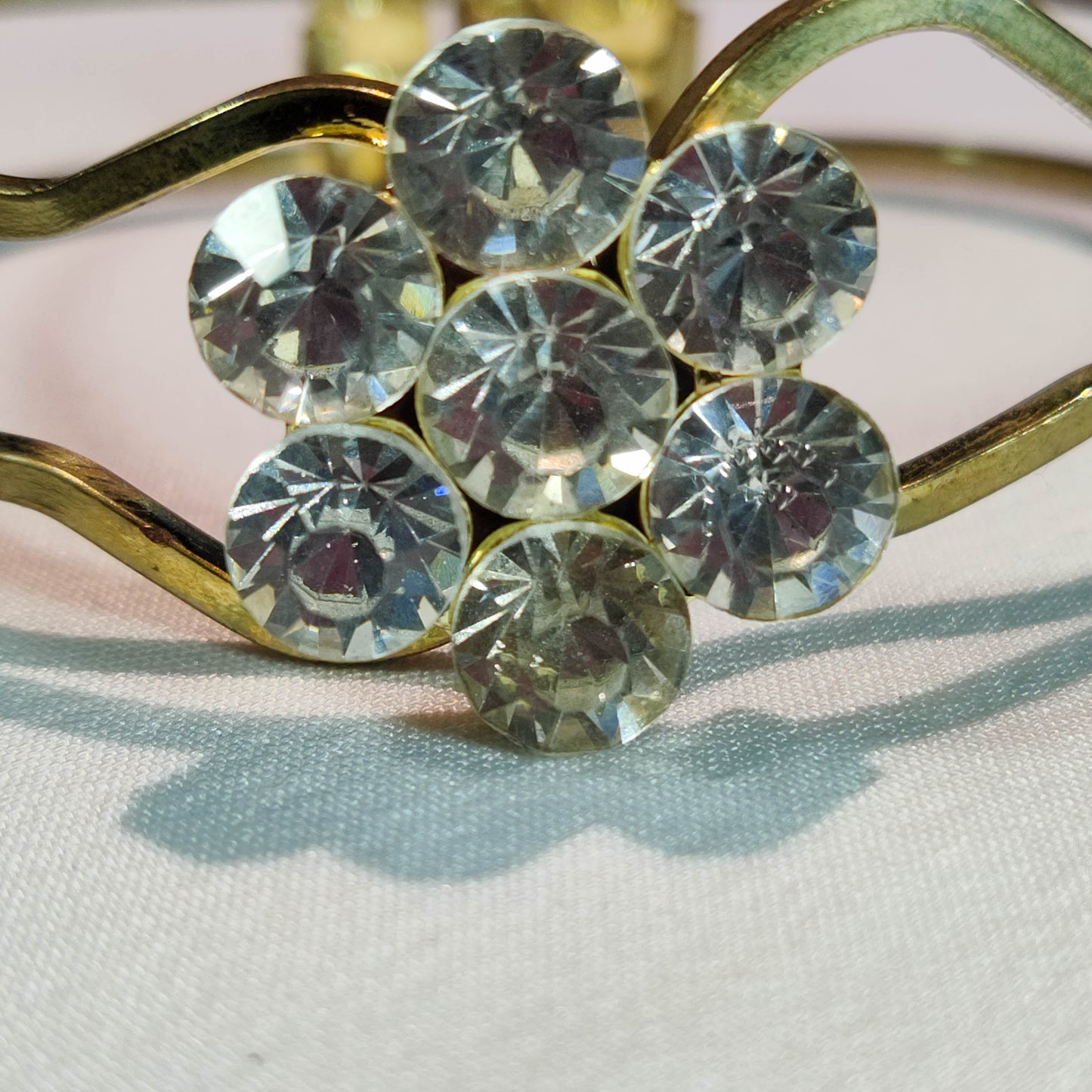 1960's Gold Metal Clamper Flower Bracelet with Clear Rhinestones