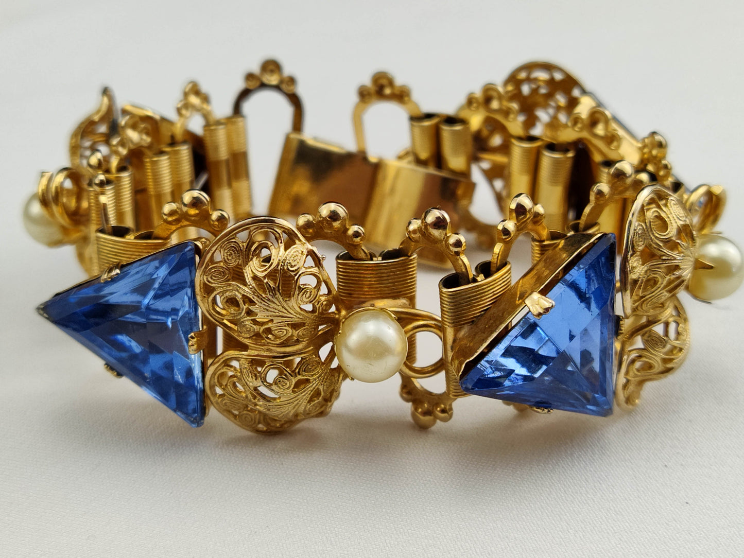 1950's Blue Trillion Cut Crystals and Faux Pearls in Gold Metal Tone