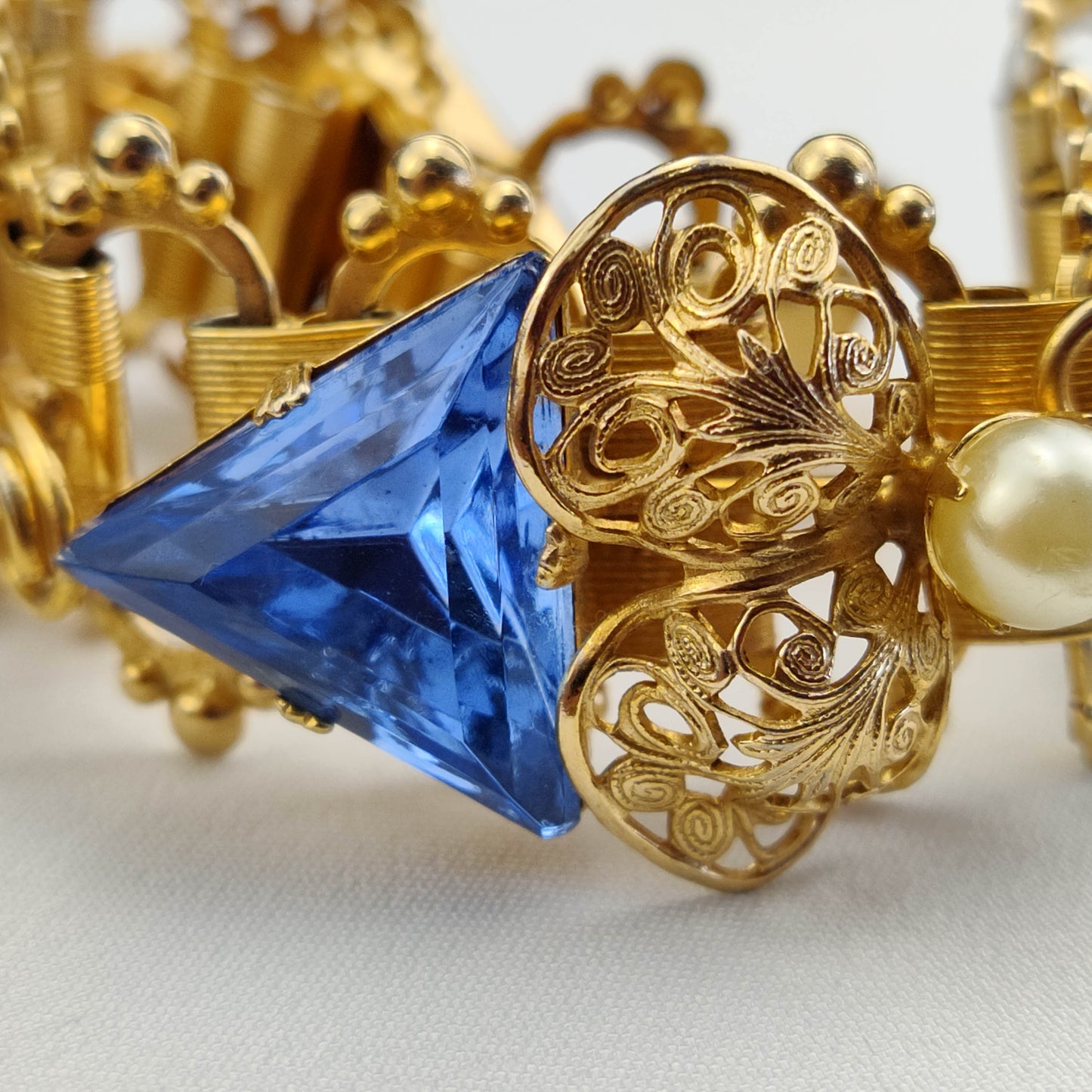 1950's Blue Trillion Cut Crystals and Faux Pearls in Gold Metal Tone