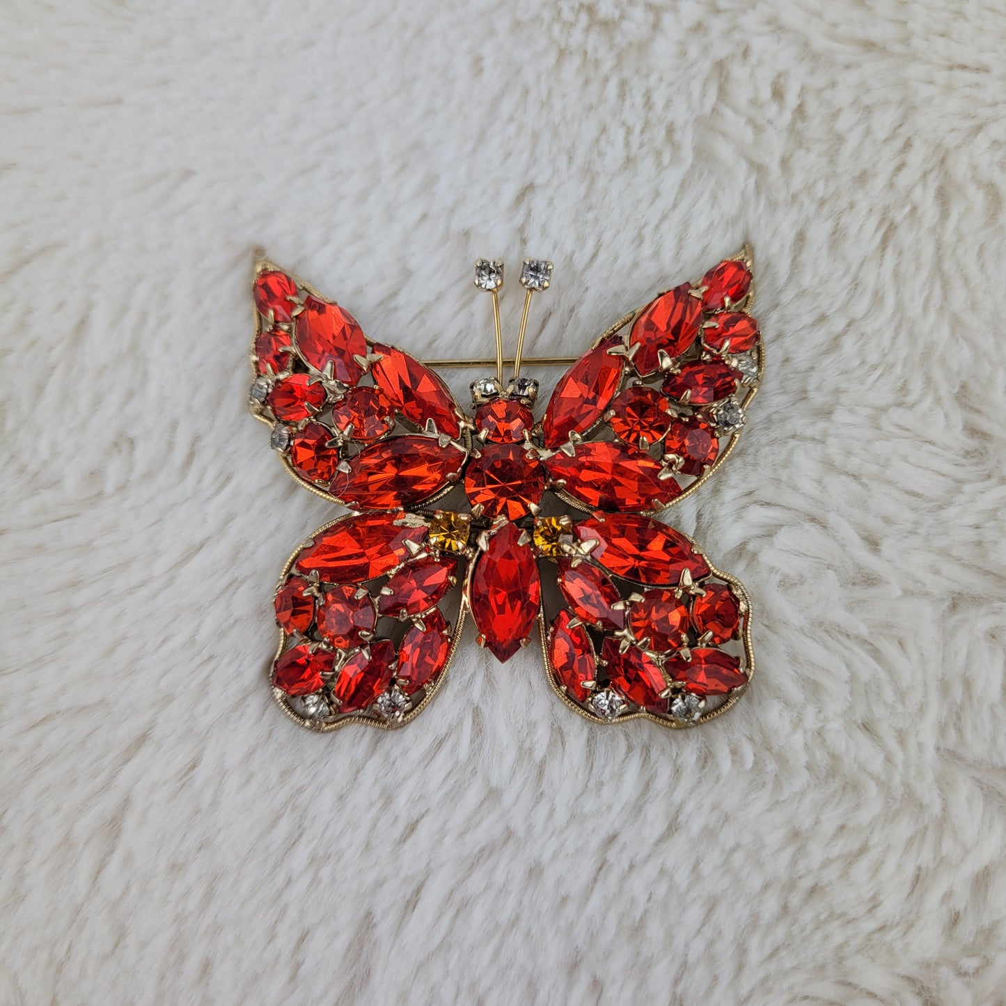 1950's Red Orange Rhinestone Butterfly Pin by LaRoca