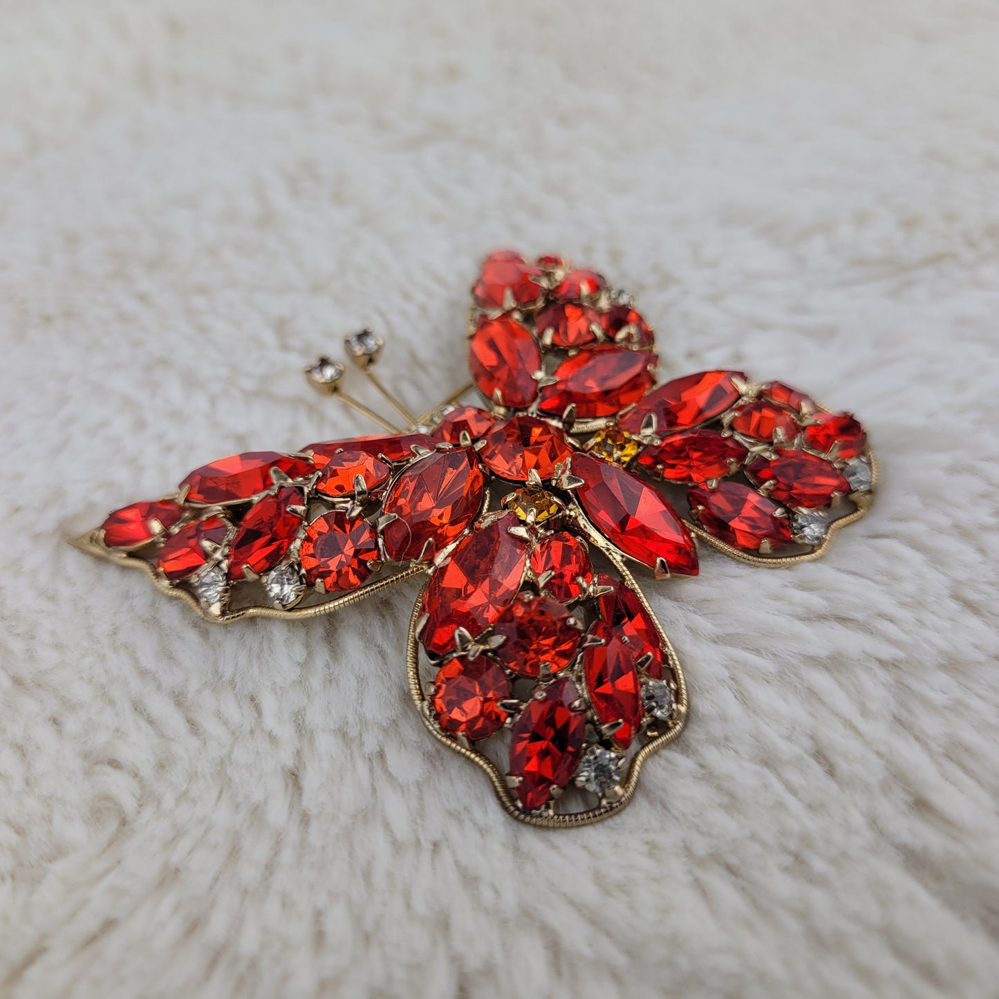 1950's Red Orange Rhinestone Butterfly Pin by LaRoca