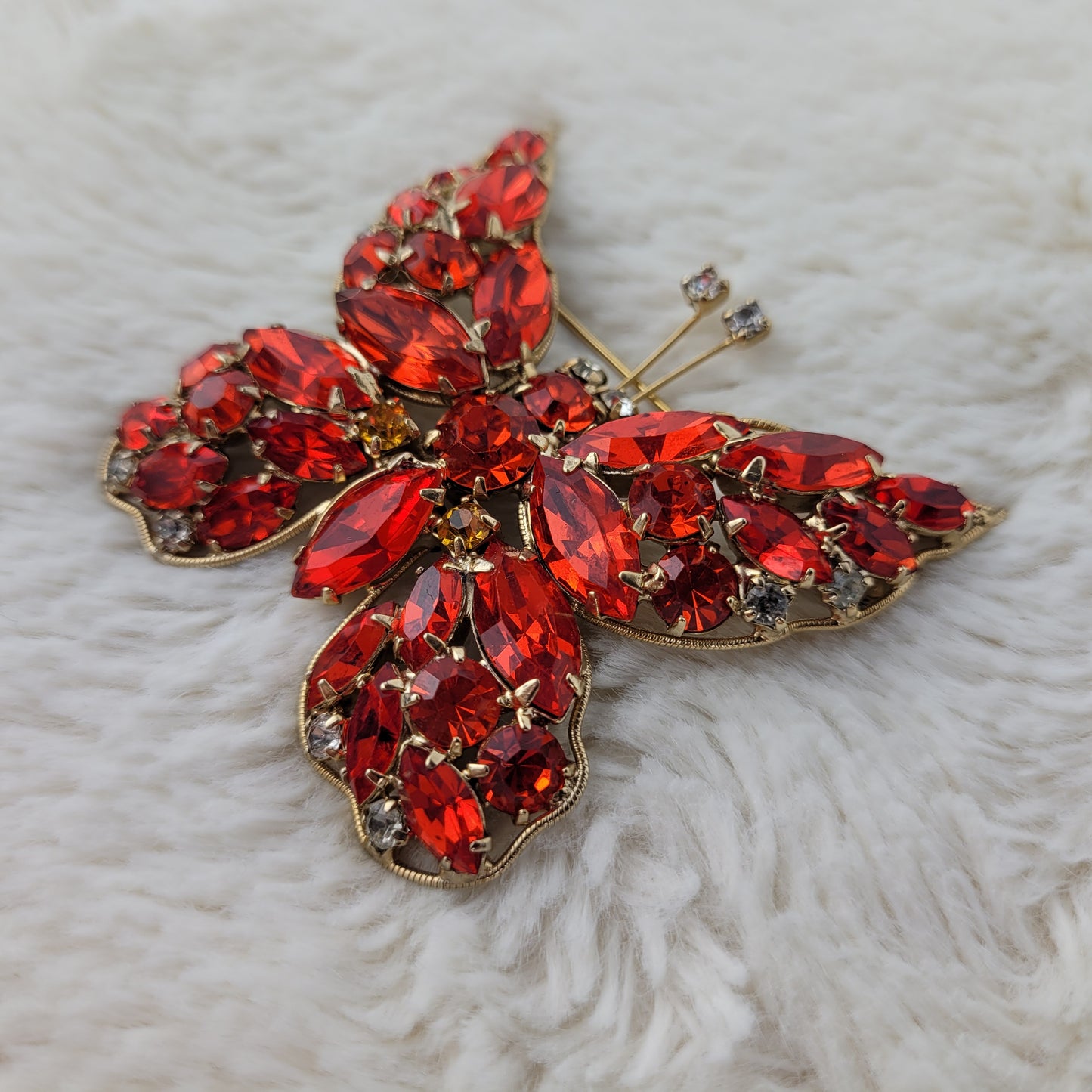 1950's Red Orange Rhinestone Butterfly Pin by LaRoca