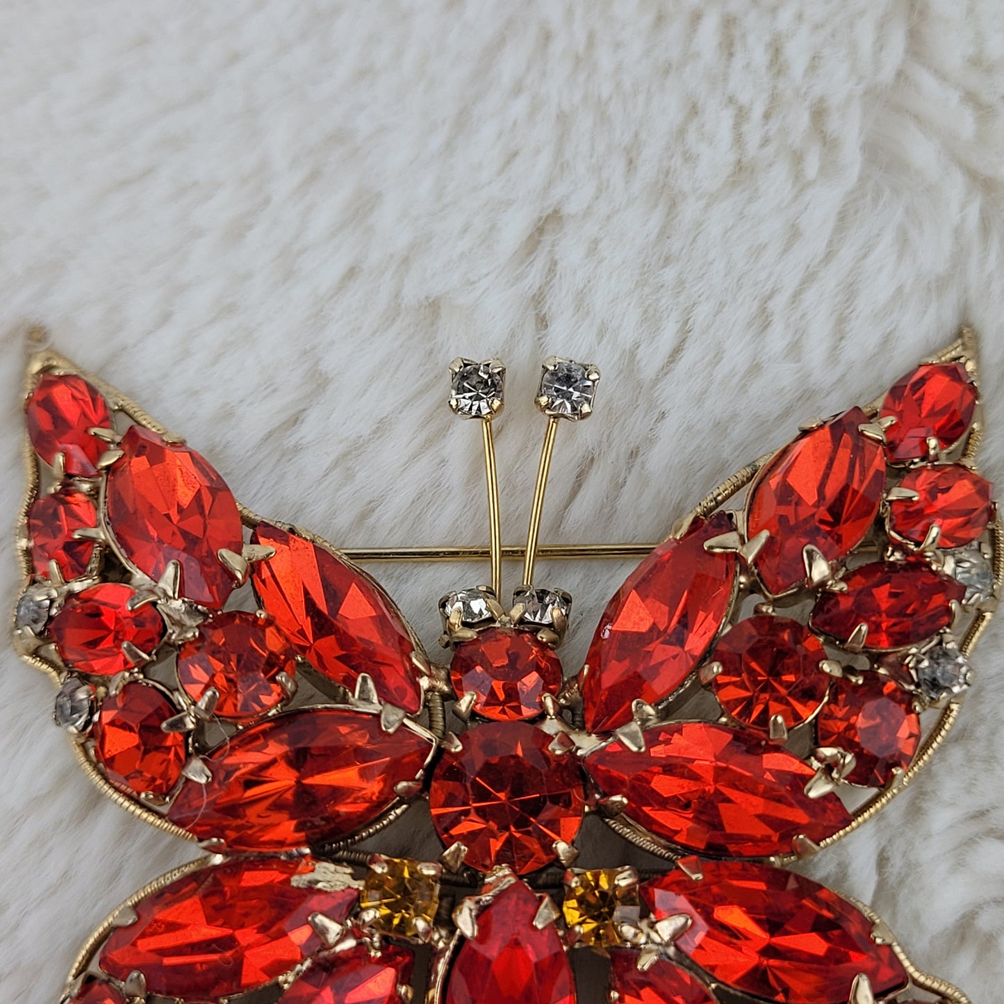 1950's Red Orange Rhinestone Butterfly Pin by LaRoca