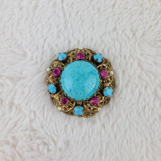 1960's Turquoise and Rhinestone Gold Metal Filigree Pin