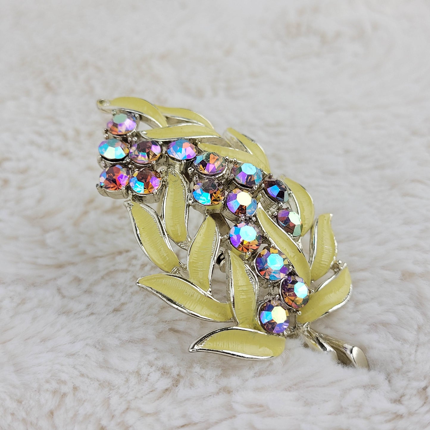 1950's Aurora Borealis and Yellow Enamel Leaf Pin