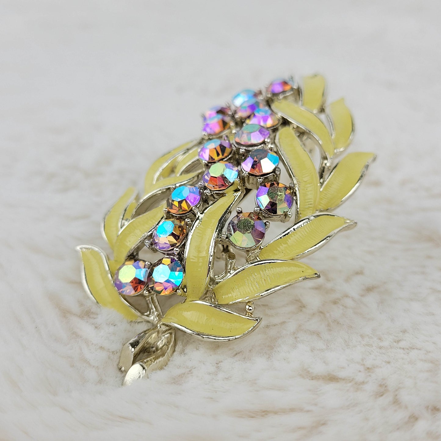 1950's Aurora Borealis and Yellow Enamel Leaf Pin