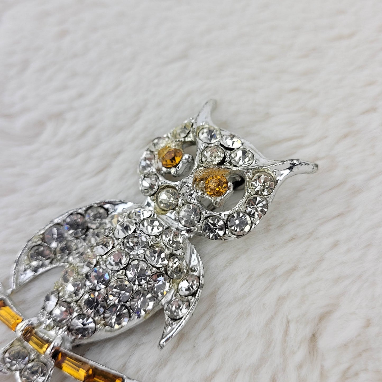 1960's Clear and Amber Rhinestone Owl Pin