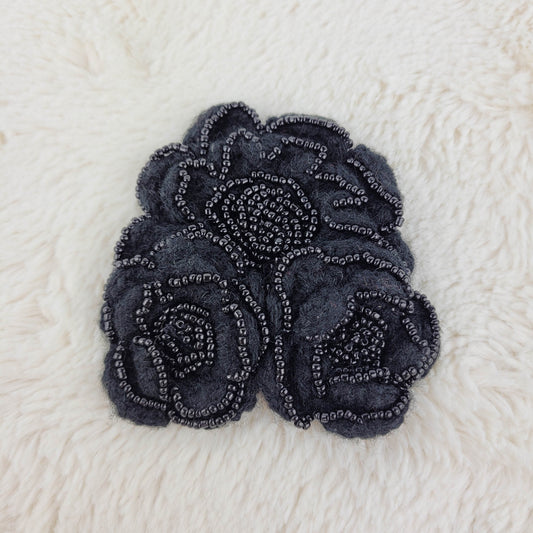 1960's Black Cashmere Beaded Hand Knit Flower Pin