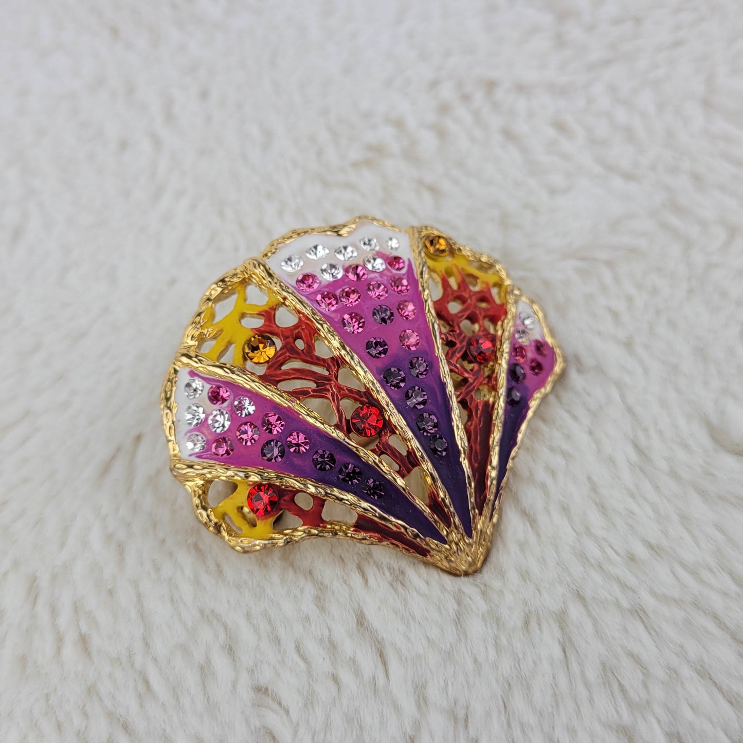 1960's Enamel, Rhinestones, and Gold Metal Multi-Colored Fan Pin