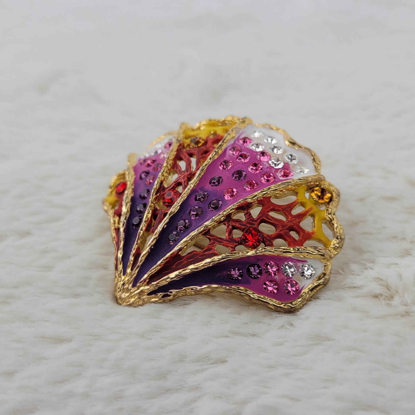 1960's Enamel, Rhinestones, and Gold Metal Multi-Colored Fan Pin