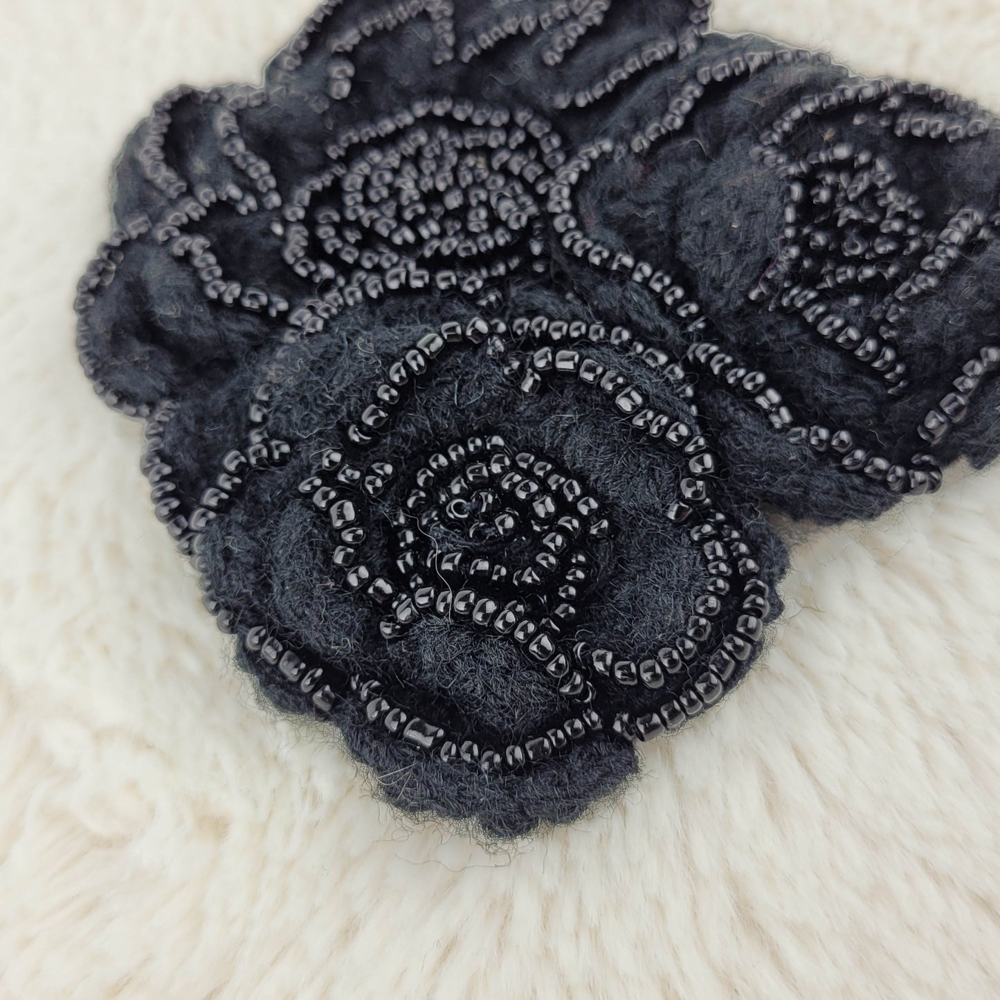 1960's Black Cashmere Beaded Hand Knit Flower Pin