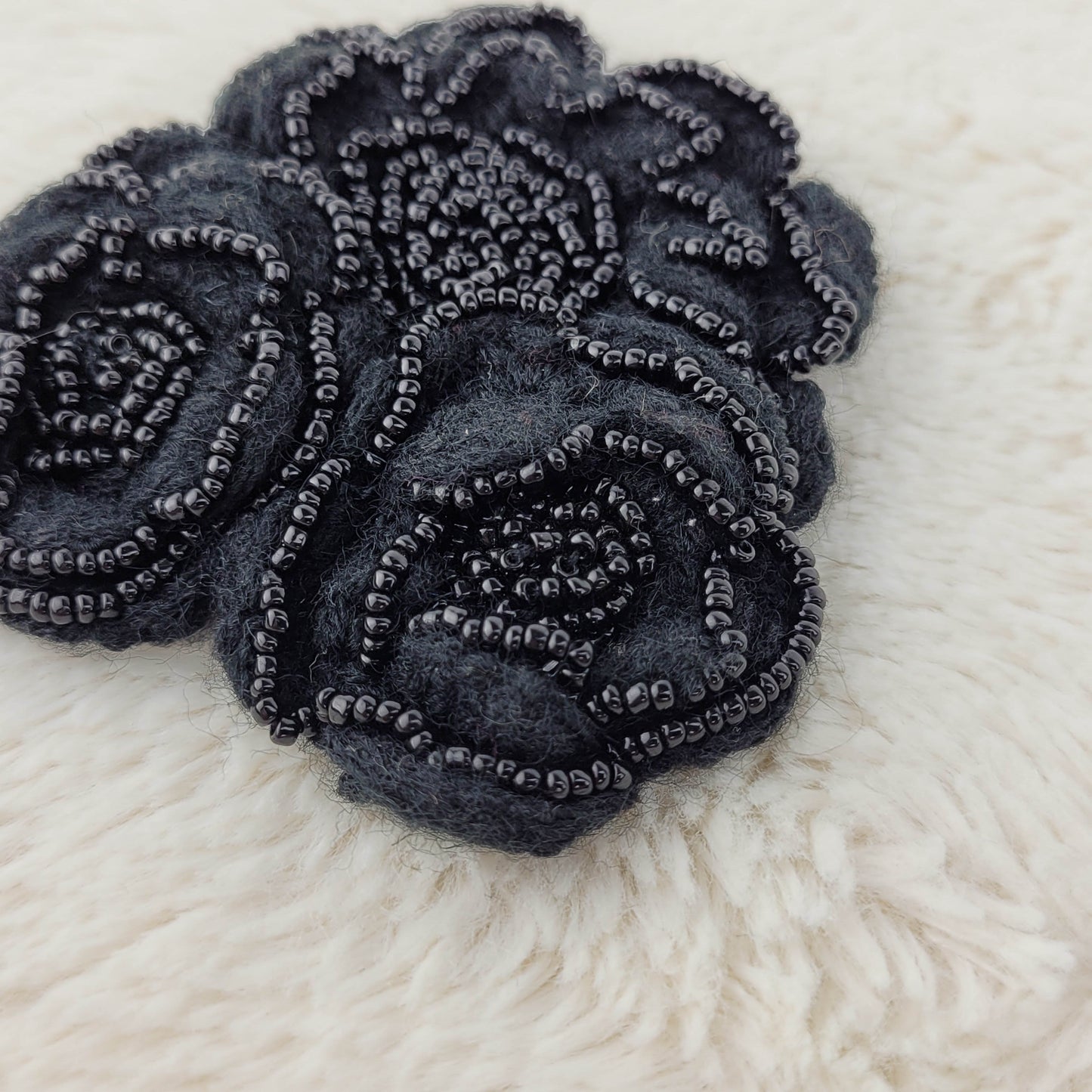 1960's Black Cashmere Beaded Hand Knit Flower Pin