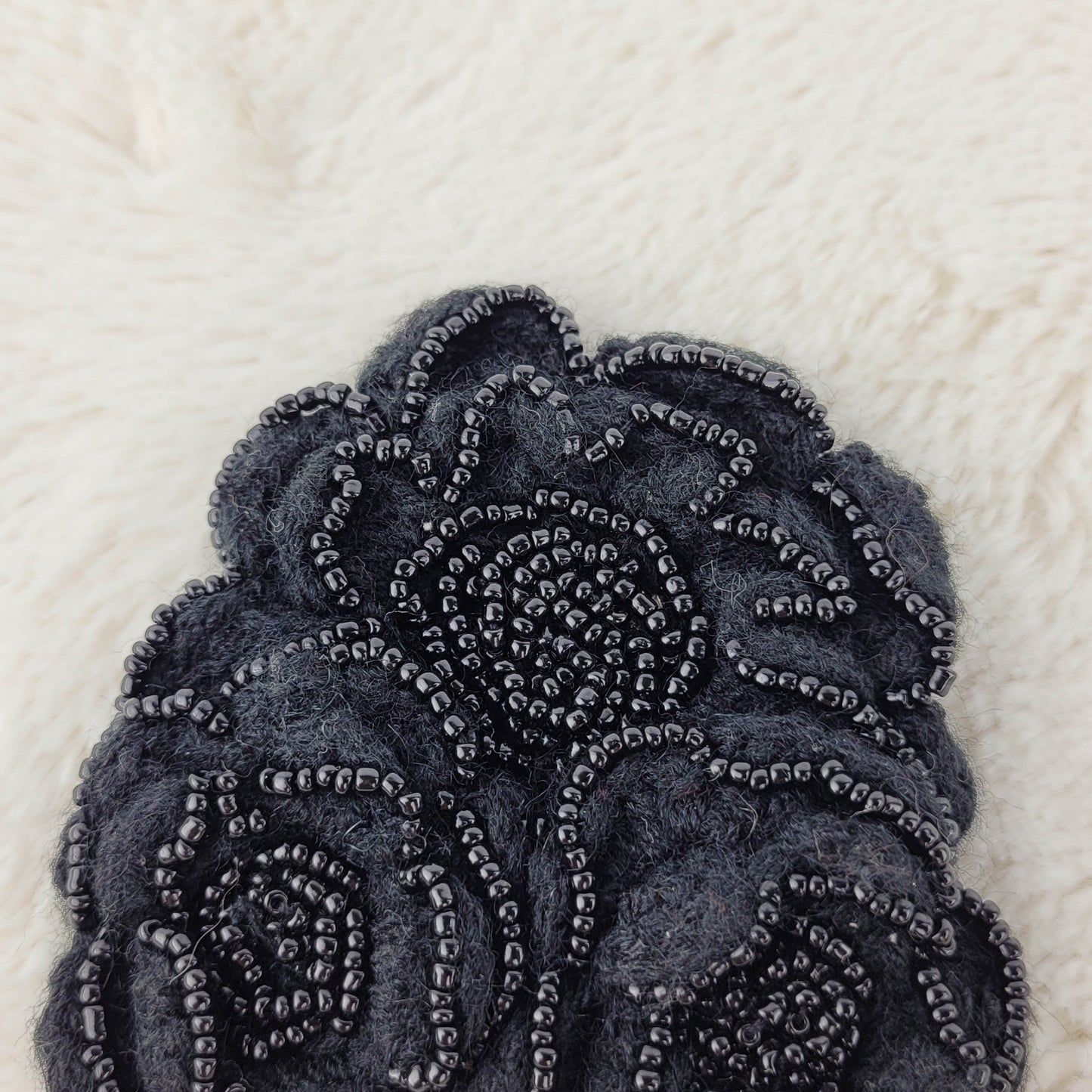 1960's Black Cashmere Beaded Hand Knit Flower Pin