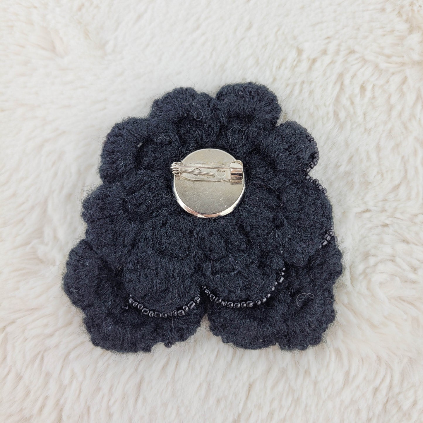 1960's Black Cashmere Beaded Hand Knit Flower Pin