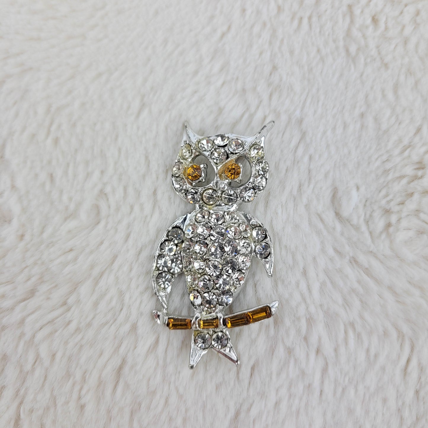 1960's Clear and Amber Rhinestone Owl Pin