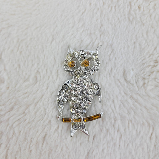 1960's Clear and Amber Rhinestone Owl Pin